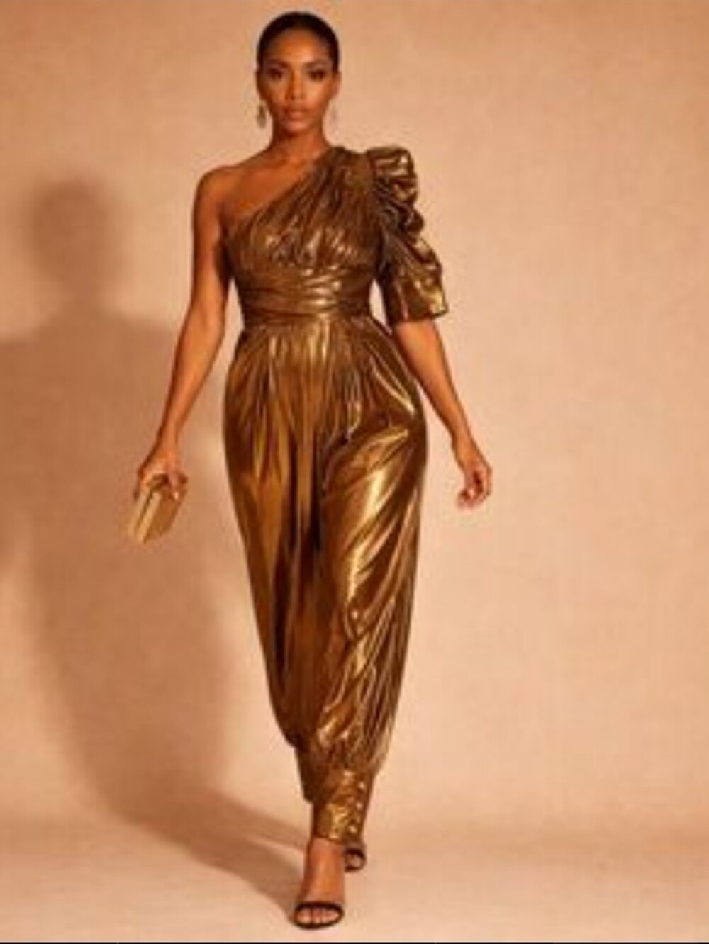 L'Atiste Metallic Bronze One-Shoulder Jumpsuit NWOT Sz. 2X